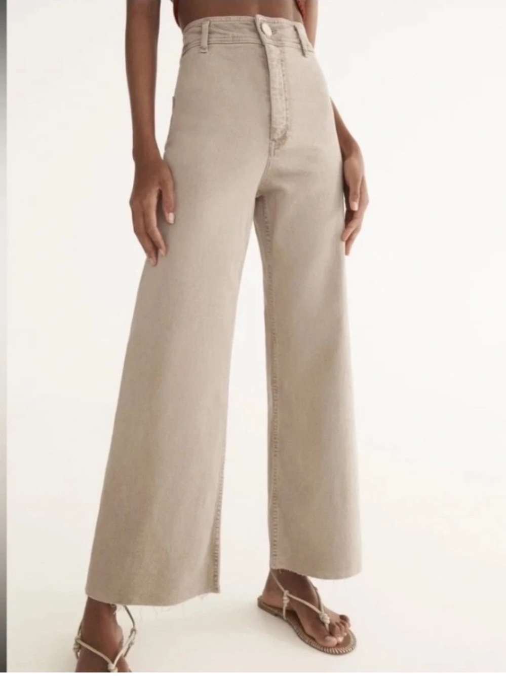 Zara Jeans High Rise Beige The Marine Straight Wide Leg Denim Raw Gem Minimalist